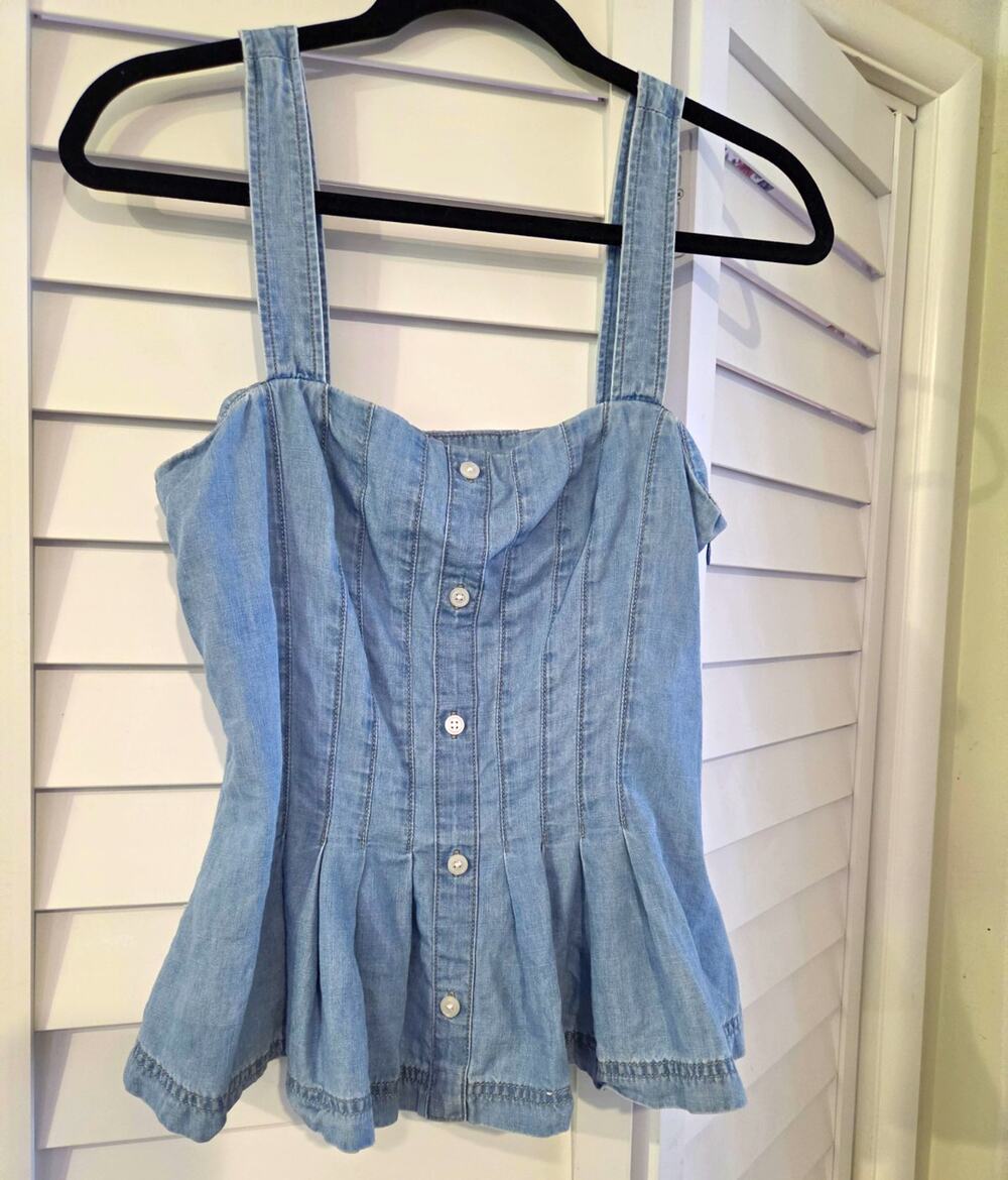 Veronica Beard Jeans Women's 4 Blue Denim Cotton Square Neck Button Tank Top